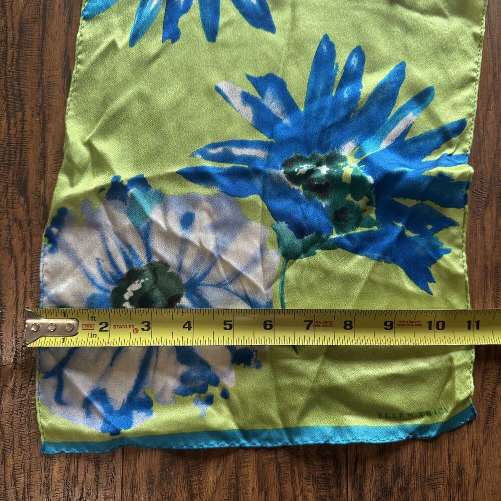 Ellen Tracy Scarf 100% Silk Blue Green Floral Flowers Spring Watercolor 11x52 - Picture 4 of 6